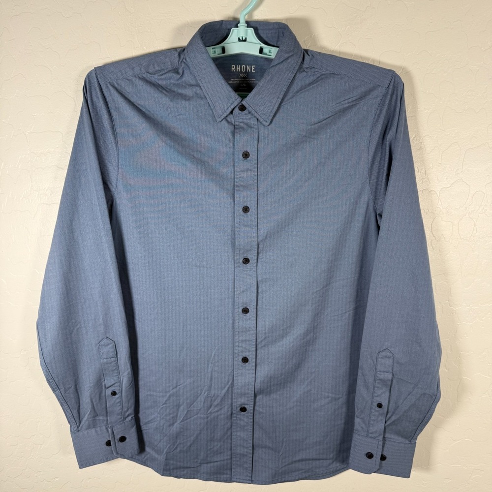 Rhone Shirt Mens Large Blue Button Up Commuter Performance Herringbone Stretch